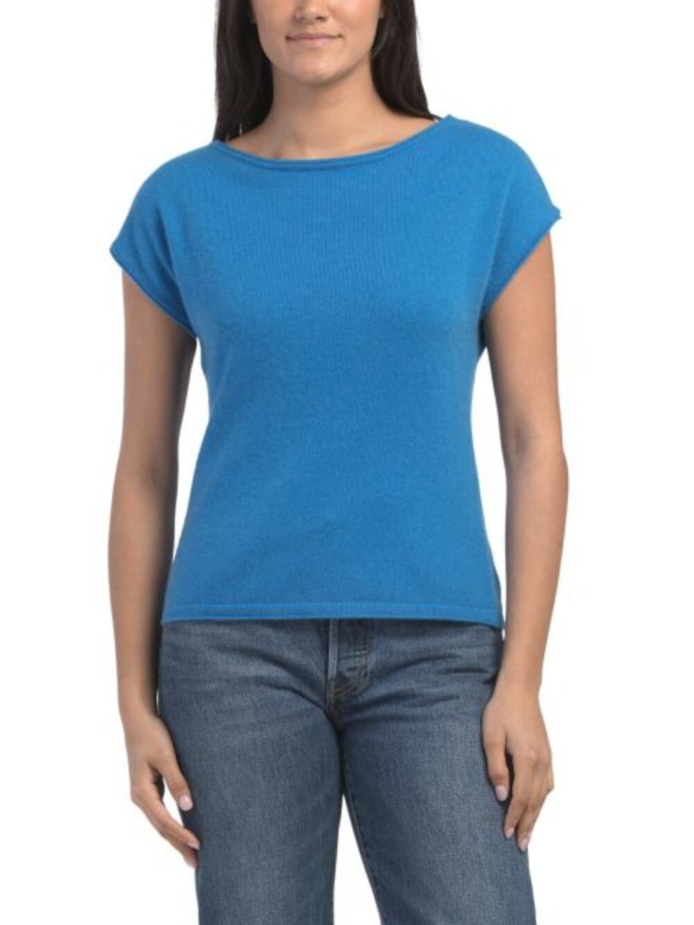 Tahari Lightweight Cashmere Tee Shirt Boat Neck Rolled Edges Cap Sleeve Blue NEW